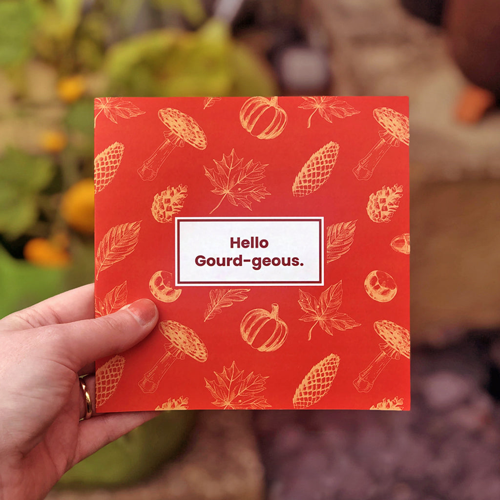 Say hello to our 'gourd-geous' greetings card, perfect for sending to your nearest and dearest this Autumn! Complete with kraft paper envelope and blank inside for your message - each of our cards arrives packed in a sealed compostable bag.