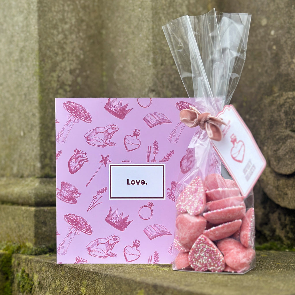 Our 'Sweet Treats' Gift Set is the perfect token of affection. Complete with a card (which we can write for you, just let us know at Checkout!) and a bag of our yummy strawberry flavour Sweet Hearts, this is the perfect sweet treat to show somebody you care!