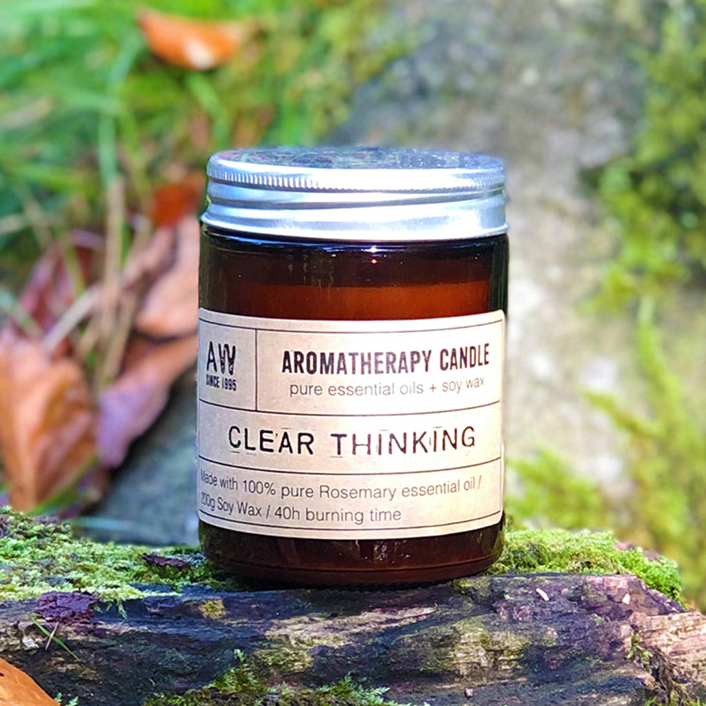 Our Clear Thinking candle smells of long walks in an English Country Garden, the perfect antidote to a crazy world, and perfect for taking time out with. A gorgeous scent of fresh rosemary encased in a classic amber glass jar will compliment any home or office décor. Each candle comes in Kraft gift box making it a perfect gift for any occasion. Each candle is hand poured in small batches and lasts up to 40 hours of burn time.