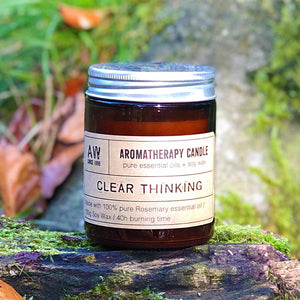 Our Clear Thinking candle smells of long walks in an English Country Garden, the perfect antidote to a crazy world, and perfect for taking time out with. A gorgeous scent of fresh rosemary encased in a classic amber glass jar will compliment any home or office décor. Each candle comes in Kraft gift box making it a perfect gift for any occasion. Each candle is hand poured in small batches and lasts up to 40 hours of burn time.