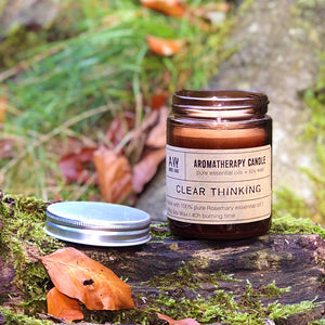 Our Clear Thinking candle smells of long walks in an English Country Garden, the perfect antidote to a crazy world, and perfect for taking time out with. A gorgeous scent of fresh rosemary encased in a classic amber glass jar will compliment any home or office décor. Each candle comes in Kraft gift box making it a perfect gift for any occasion. Each candle is hand poured in small batches and lasts up to 40 hours of burn time.