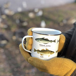 Load image into Gallery viewer, We are in love with our ecology enamelware mugs - This one is perfect for the fisherman in your life, or for your own adventure! Whether it&#39;s a weekend away, to brighten up the kitchen or as a gift, these mugs are a perfect eco-friendly alternative to disposable cups. Embrace nature with this enamel mug with all over fish print. Enjoy at home or out and about with these versatile mugs, available in a range of styles!
